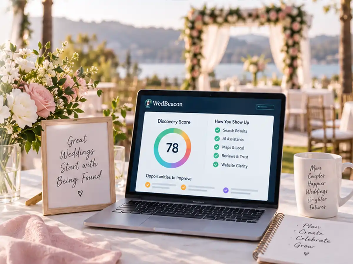 A wedding-business owner using WedBeacon to understand search, AI, local, trust, and buyer-question signals