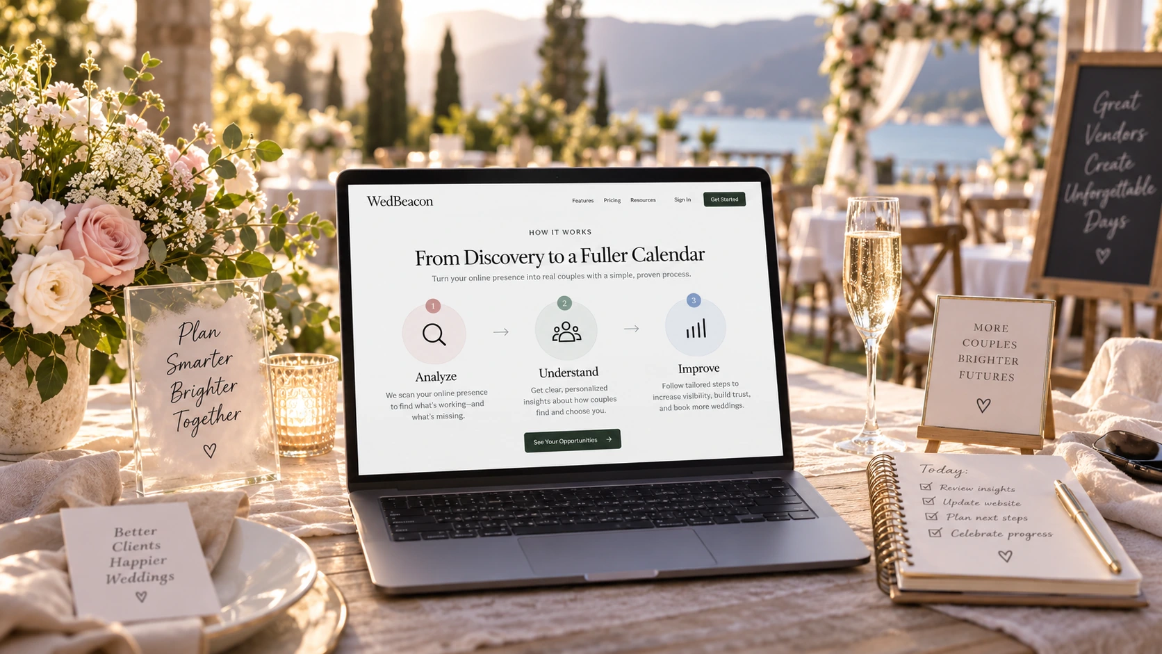 Wedding-business owner reviewing common questions about WedBeacon