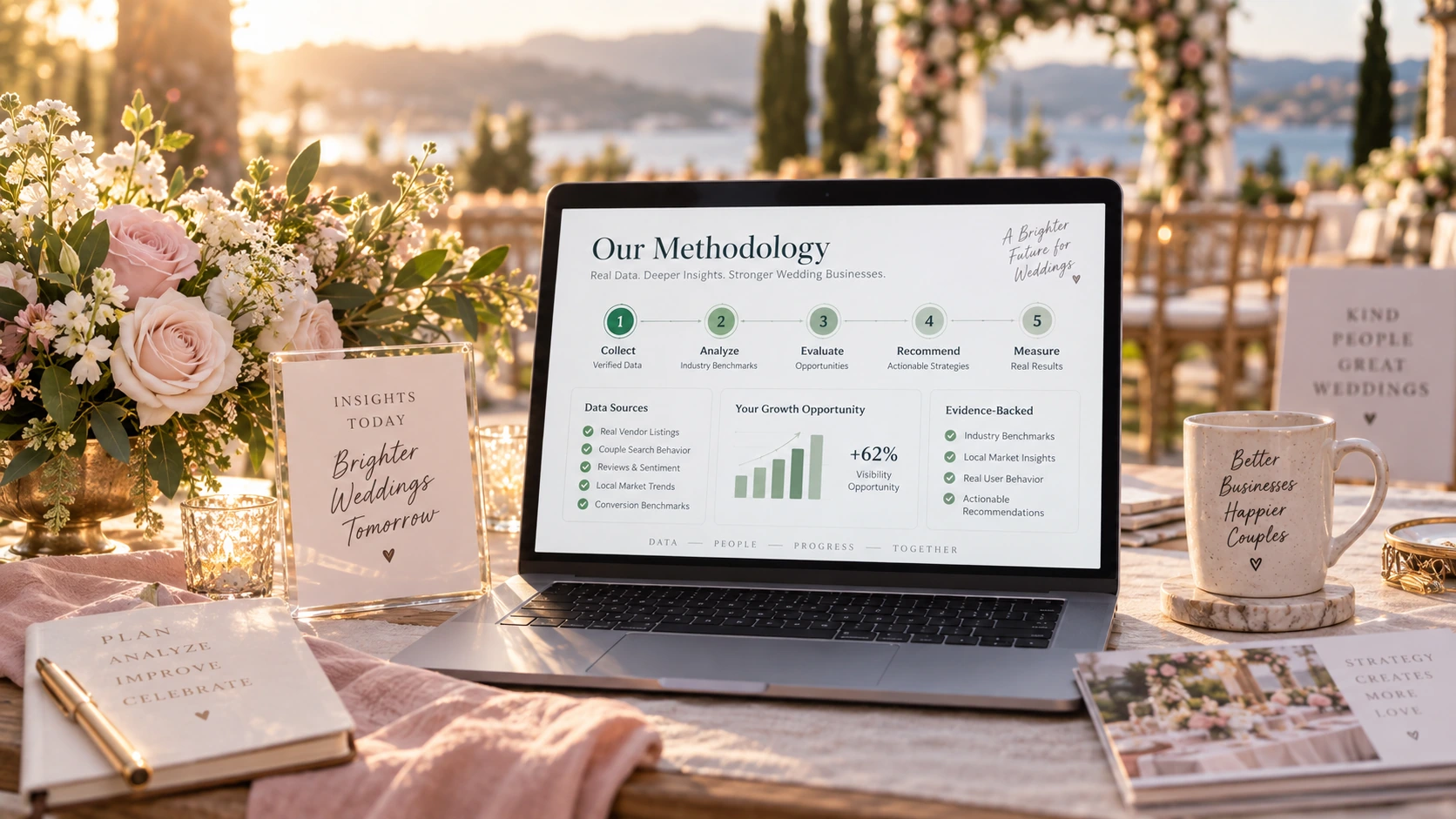 A wedding-business owner reviewing the WedBeacon evidence, scoring, buyer intelligence, and recommendation workflow
