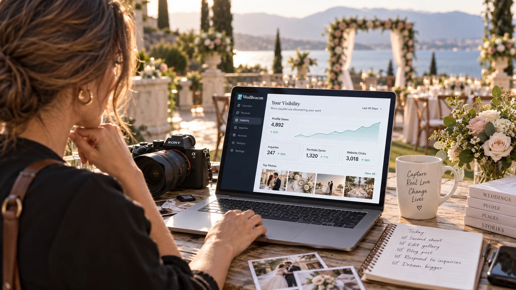 A wedding photographer using WedBeacon with portfolio, search, review, inquiry, and AI discovery signals