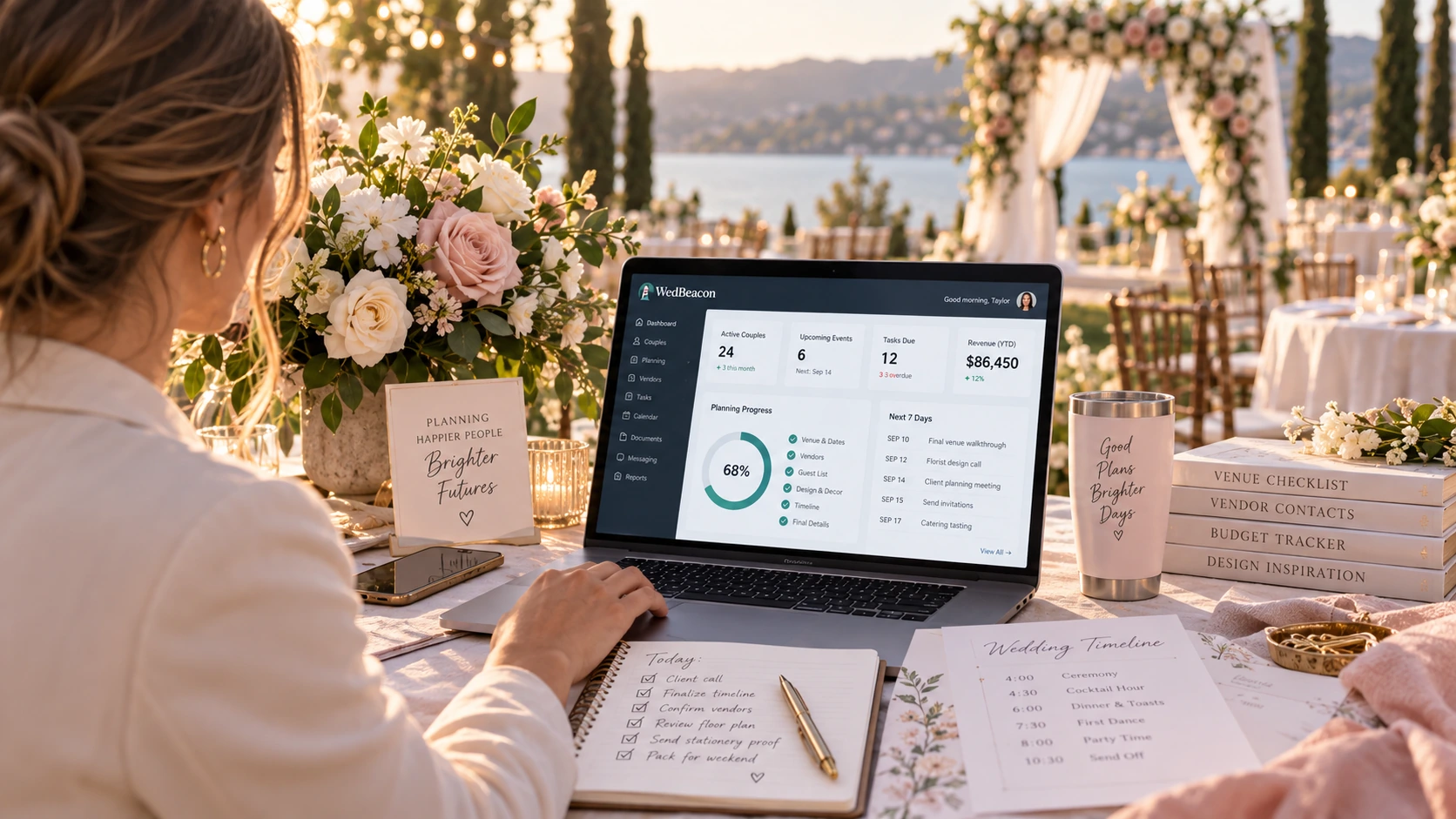 A wedding planner using WedBeacon with vendor, schedule, location, and AI discovery signals
