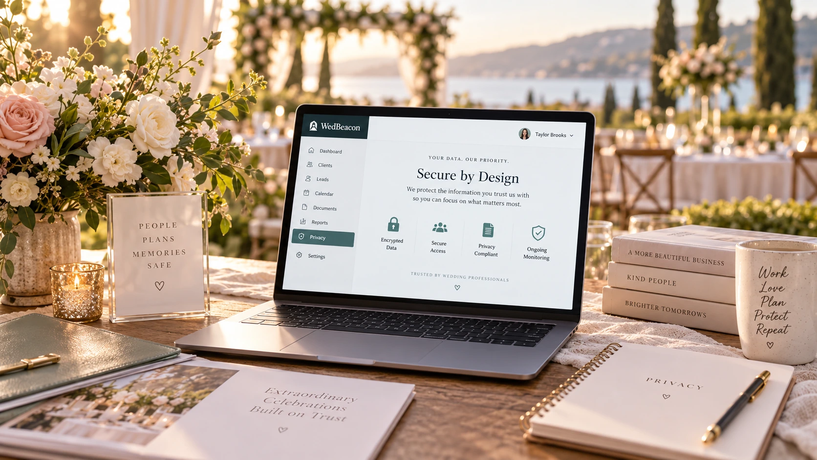 A wedding-business owner reviewing privacy, transparency, and responsible public-information controls in WedBeacon