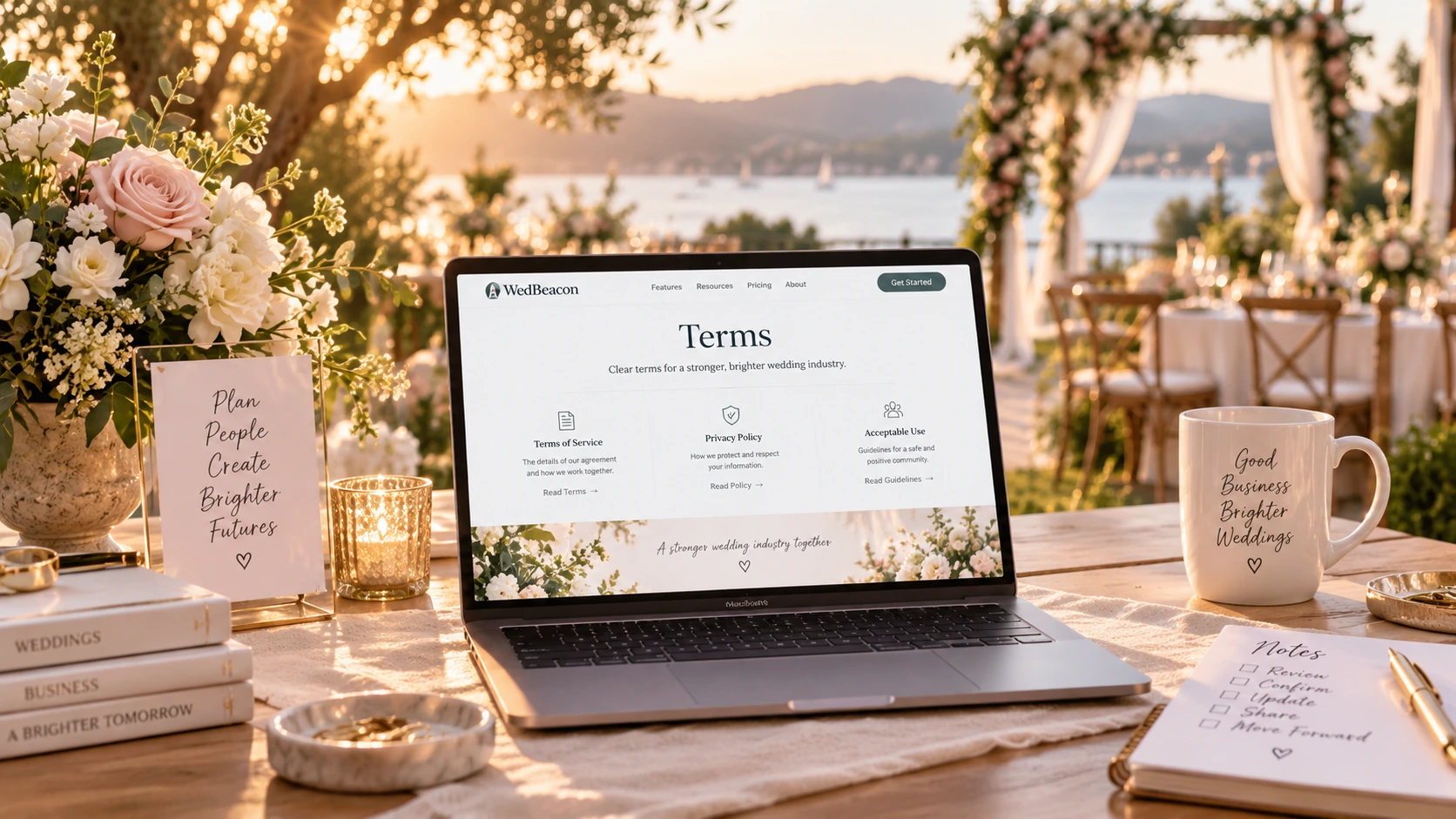 A wedding-business owner reviewing clear WedBeacon service expectations and fair website terms