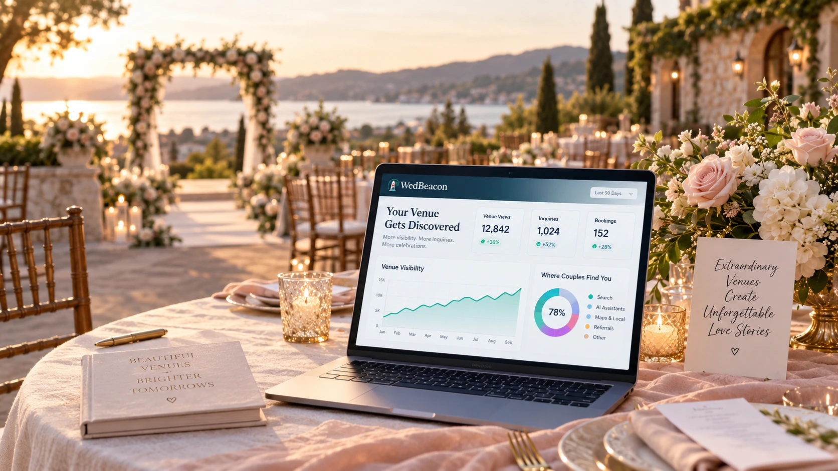 A wedding venue professional using WedBeacon while venue, map, review, and AI discovery signals connect around a beacon