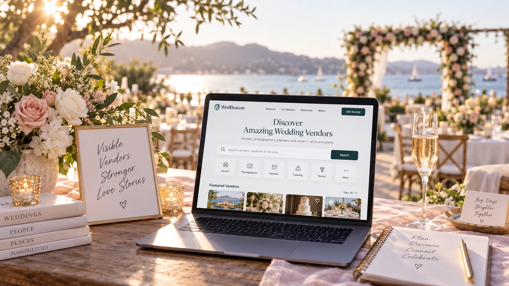 A couple researching wedding-business questions while WedBeacon connects those concerns to business answer coverage